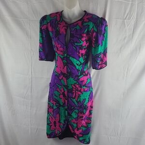 VINTAGE Flora Kung Vibrant Floral Midi Dress 100% Silk 8